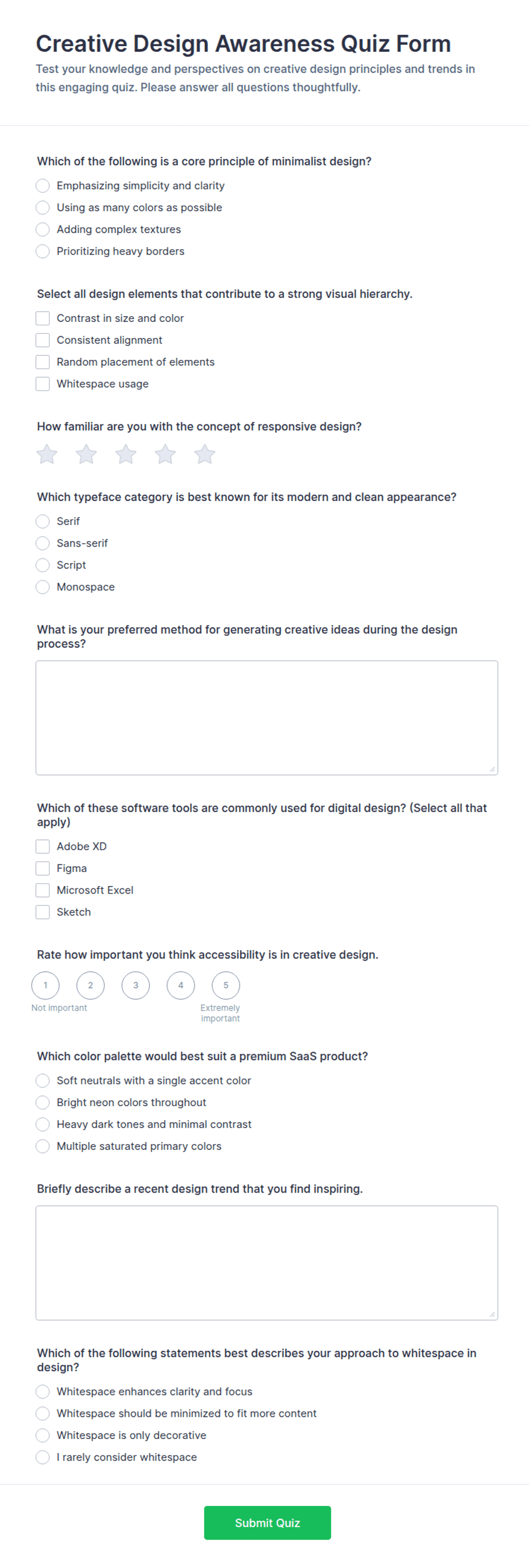 Pdf Questionaire Design Creative Design Awareness Quiz Form Template | Jotform