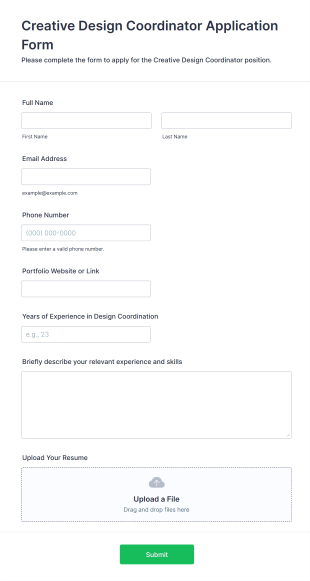 Creative Design Coordinator Application Form Form Template