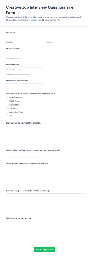 Creative Job Interview Questionnaire Form Template