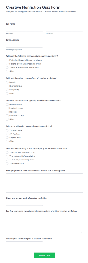 Creative Nonfiction Quiz Form Template