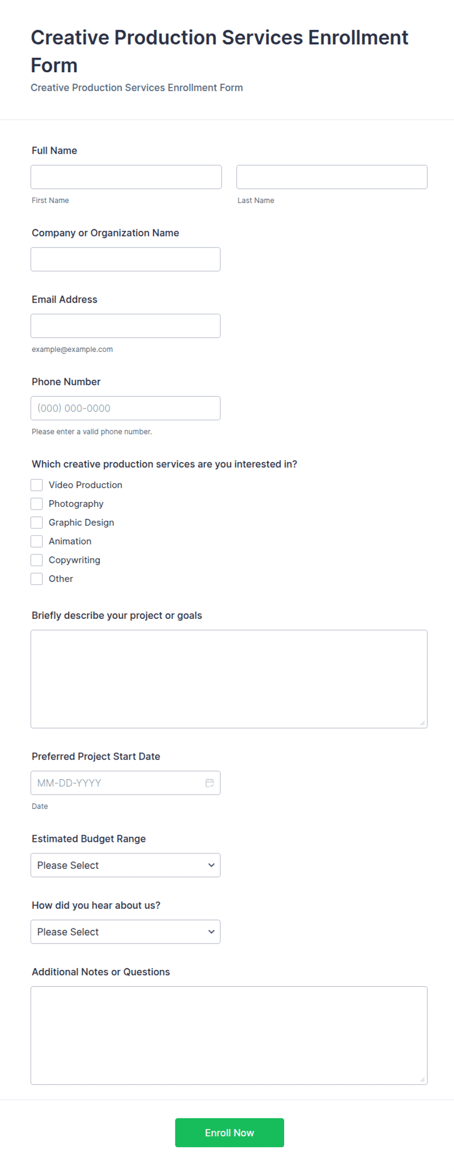 Enrollment Form Template.pdf Creative Production Services Enrollment Form Template | Jotform