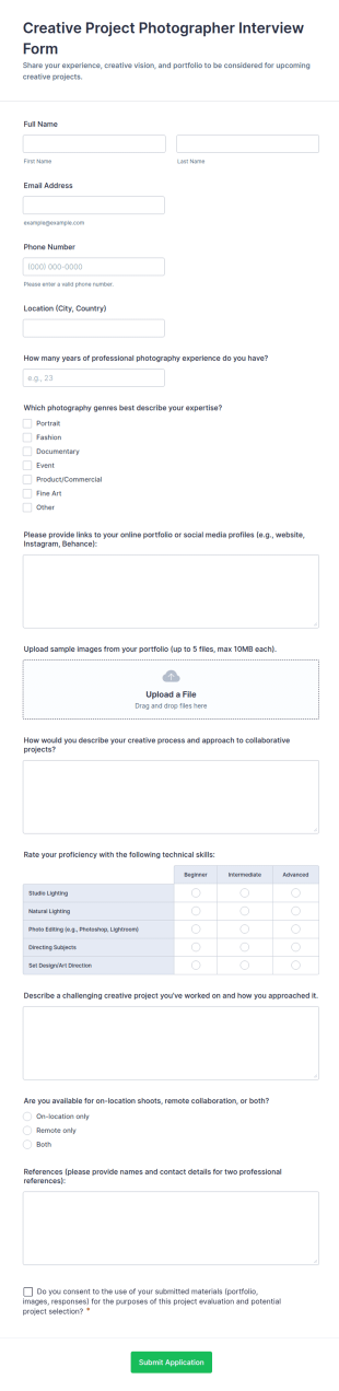 Creative Project Photographer Interview Form Template