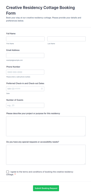 Creative Residency Cottage Booking Form Template
