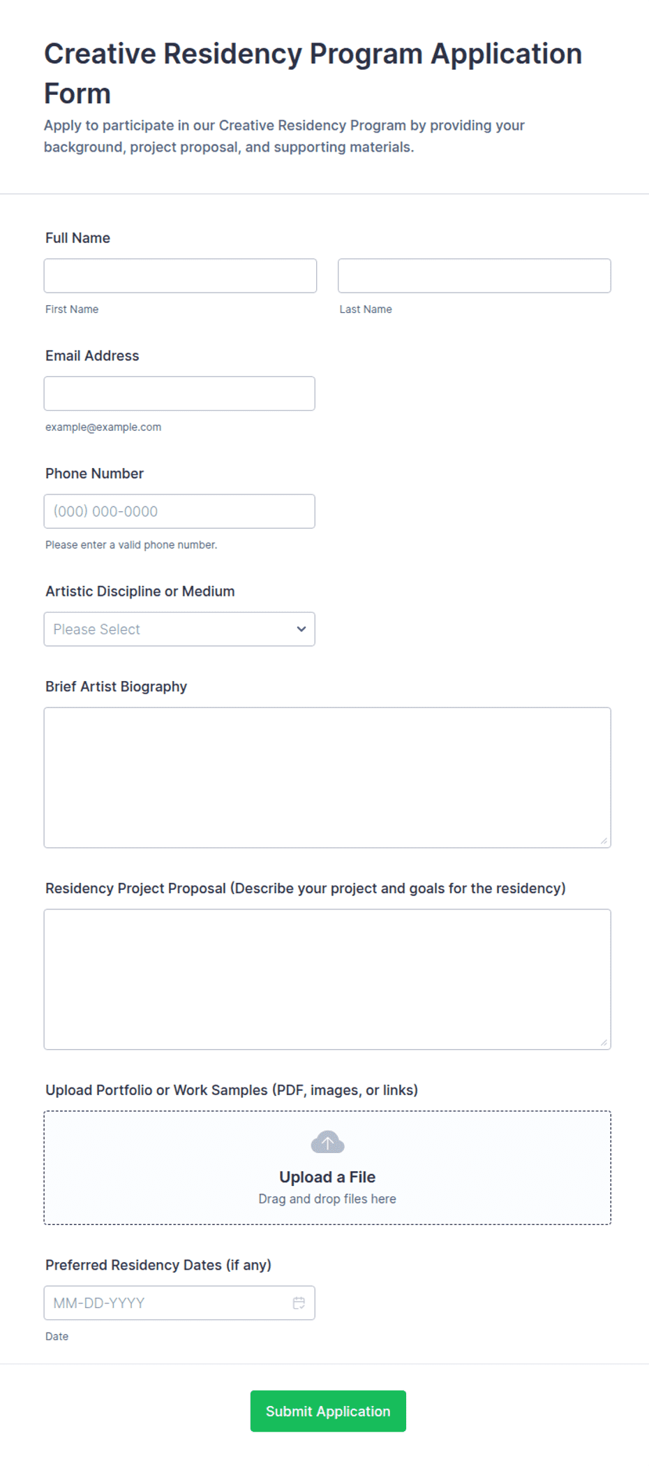 Creative Residency Program Application Form Template | Jotform