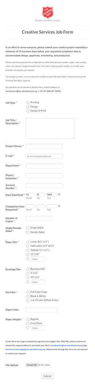 Creative Services Job Form Template