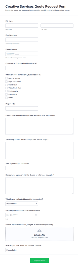 Creative Services Quote Request Form Template