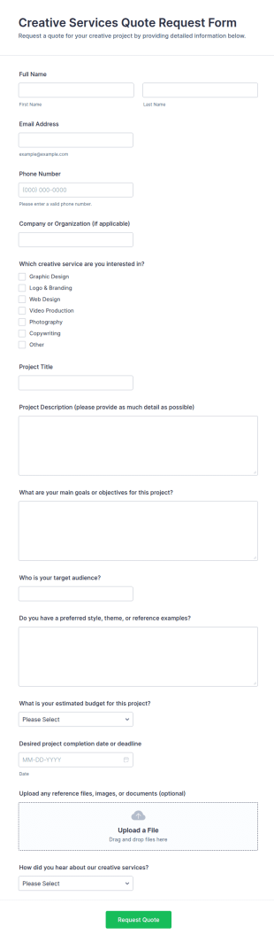 Creative Services Quote Request Form Template