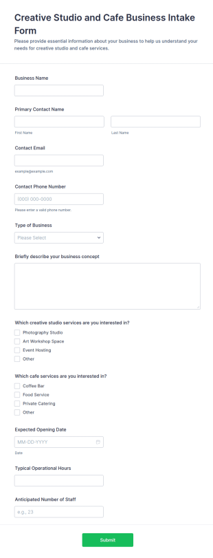 Creative Studio And Cafe Business Intake Form Template
