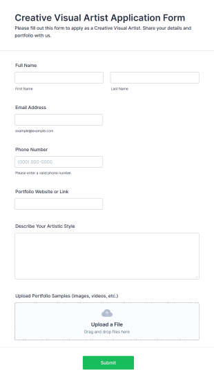 Creative Visual Artist Application Form Form Template
