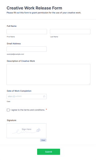 Creative Work Release Form Form Template