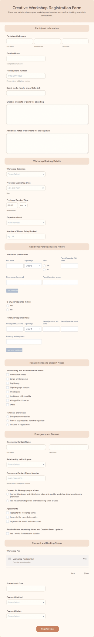 Creative Workshop Registration Form Template