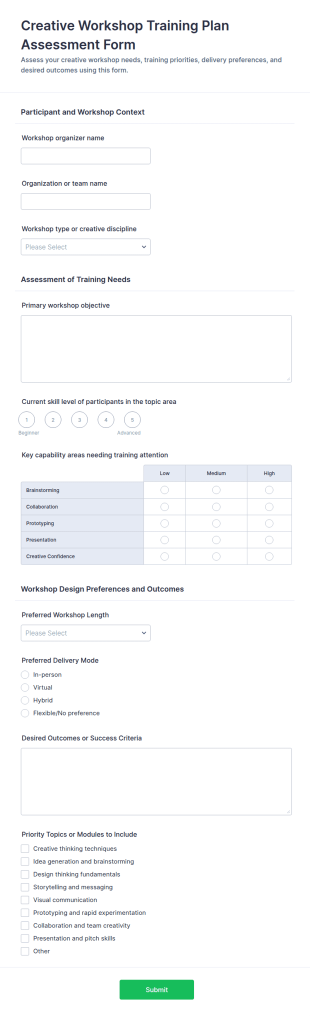 Creative Workshop Training Plan Assessment Form Template