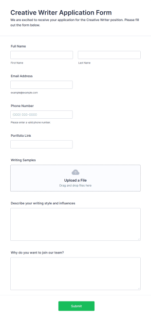 Creative Writer Application Form Form Template