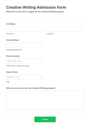 Creative Writing Admission Form Template