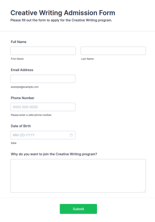 Creative Writing Admission Form Template