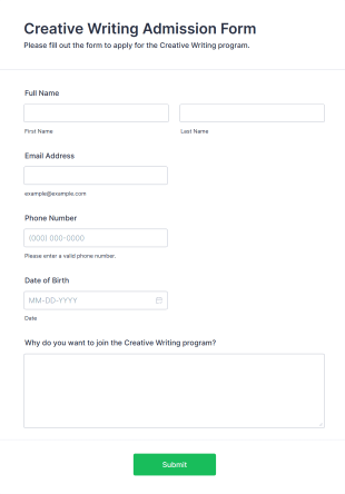 Creative Writing Admission Form Form Template