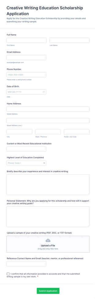 Creative Writing Education Scholarship Application Form Template