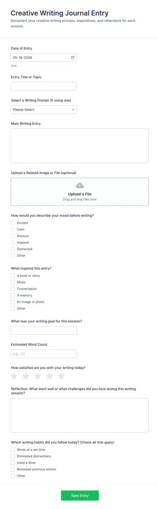 Creative Writing Journal Entry Form Template