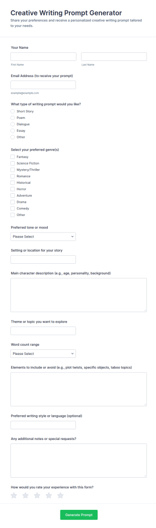 Creative Writing Prompt Generator Form Template