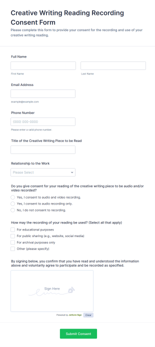 Creative Writing Reading Recording Consent Form Template