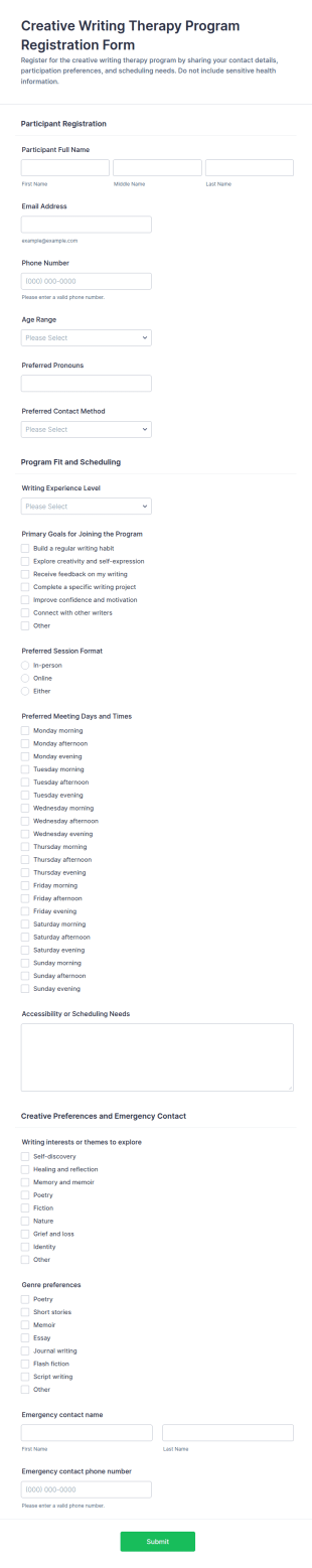 Creative Writing Therapy Program Registration Form Template