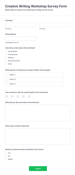 Creative Writing Workshop Survey Form Template