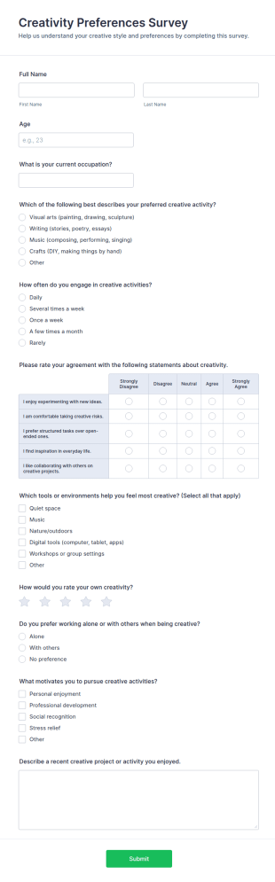 Creativity Preferences Survey Form Template