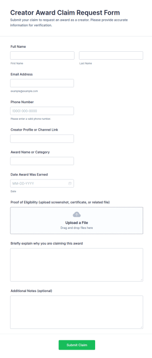 Creator Award Claim Request Form Template