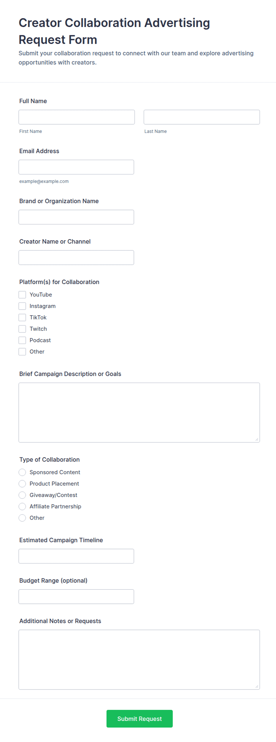 Creator Collaboration Advertising Request Form Template | Jotform