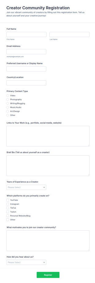 Creator Community Registration Form Template