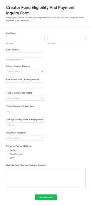 Creator Fund Eligibility And Payment Inquiry Form Template