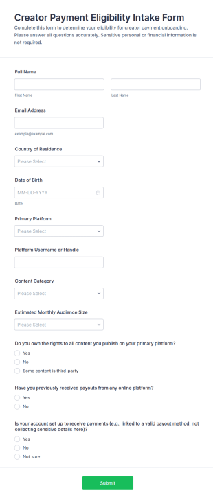Creator Payment Eligibility Intake Form Template