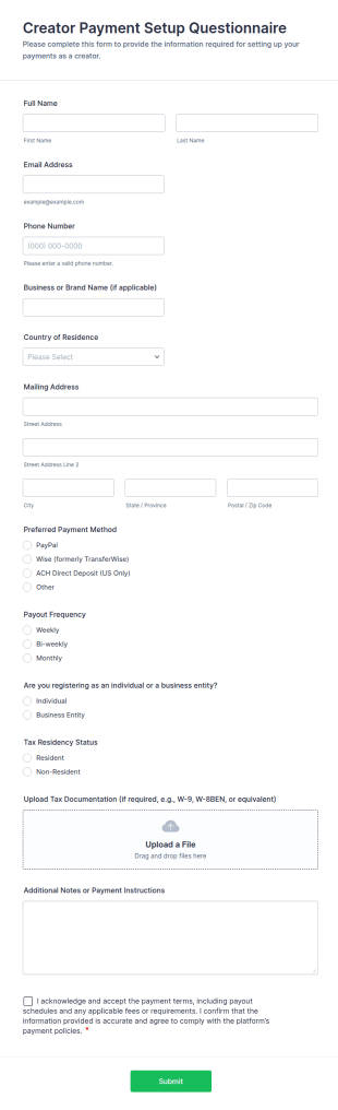 Creator Payment Setup Questionnaire Form Template