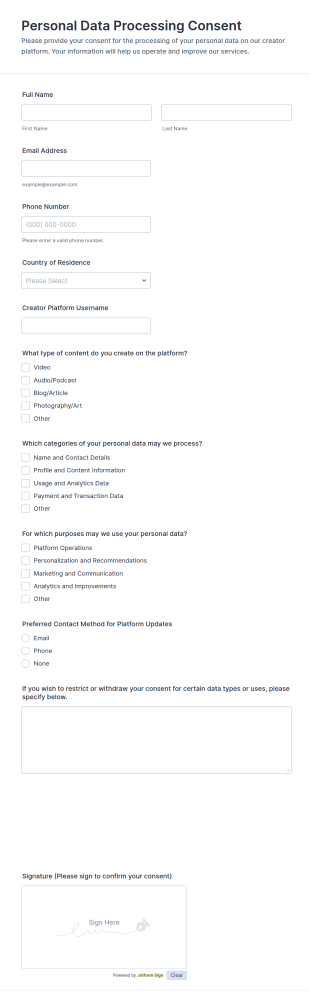 Creator Platform Personal Data Processing Consent Form Template