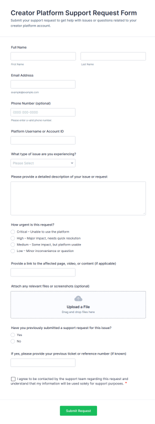 Creator Platform Support Request Form Template