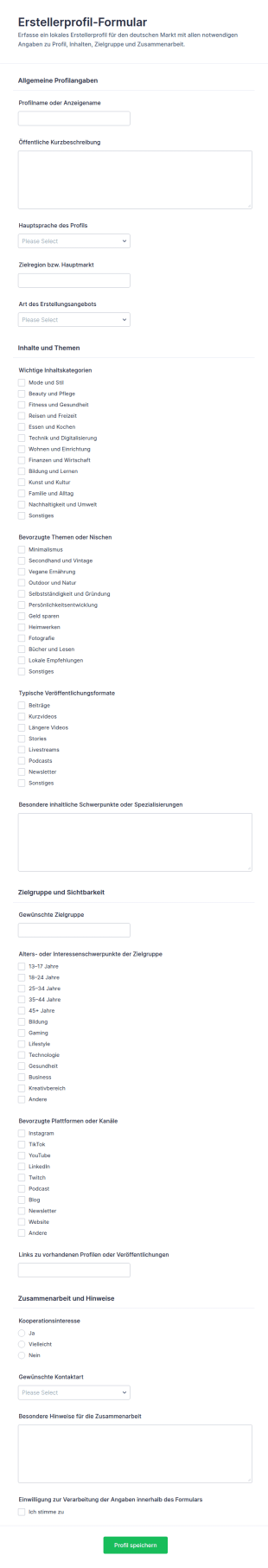 Creator Profil Formular