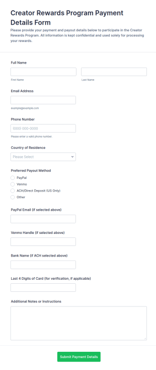 Creator Rewards Program Payment Details Form Template
