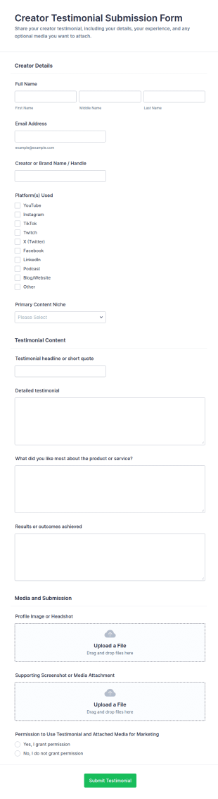 Creator Testimonial Submission Form Template