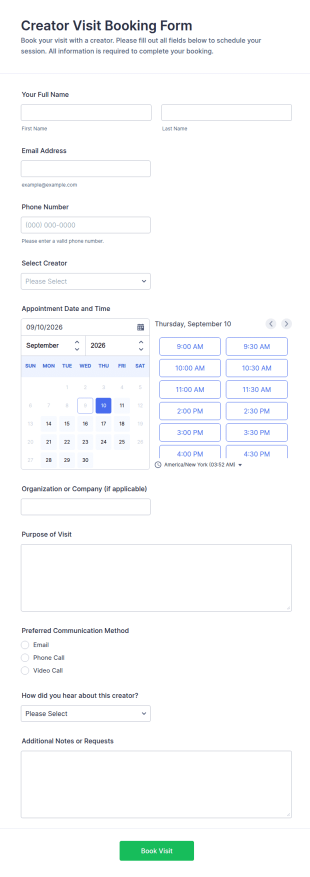 Creator Visit Booking Form Template