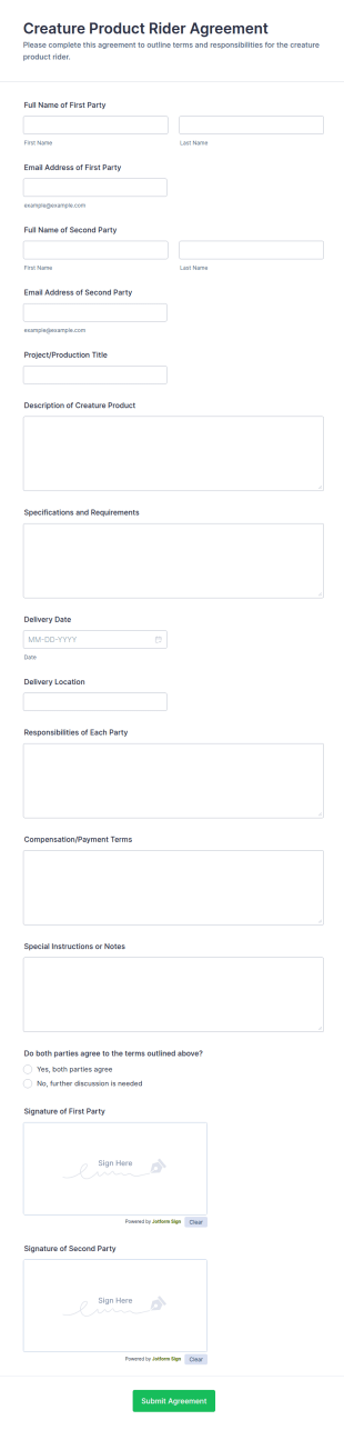 Creature Product Rider Agreement Form Template