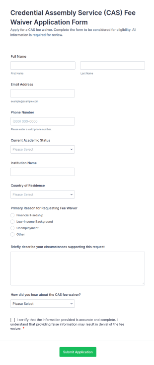 Credential Assembly Service (CAS) Fee Waiver Application Form Template