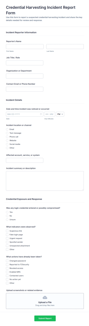 Credential Harvesting Incident Report Form Template