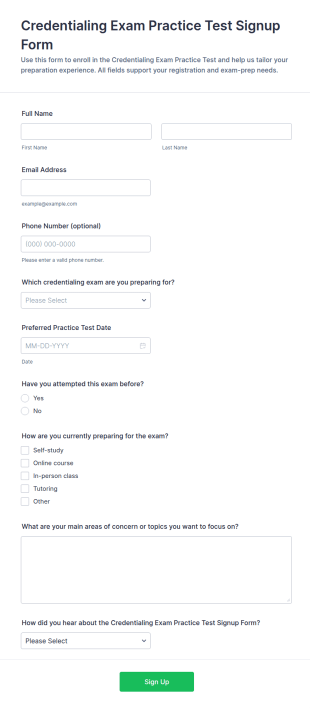 Credentialing Exam Practice Test Signup Form Template