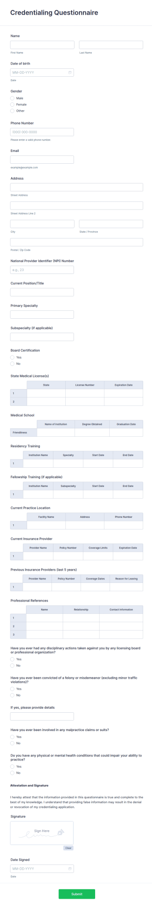 Credentialing Questionnaire Template