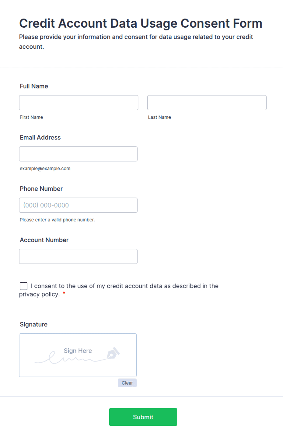 Credit Account Data Usage Consent Form Template | Jotform