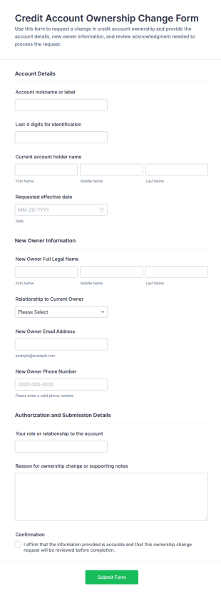 Credit Account Ownership Change Form Template