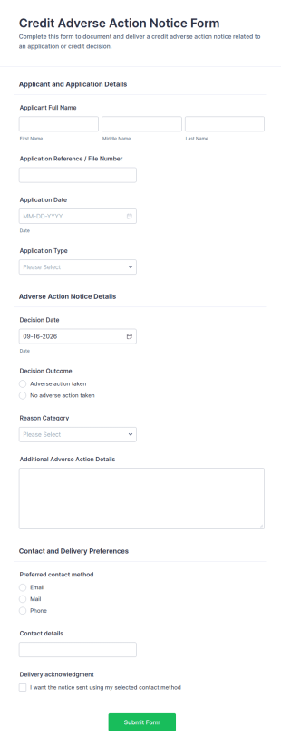 Credit Adverse Action Notice Form Template