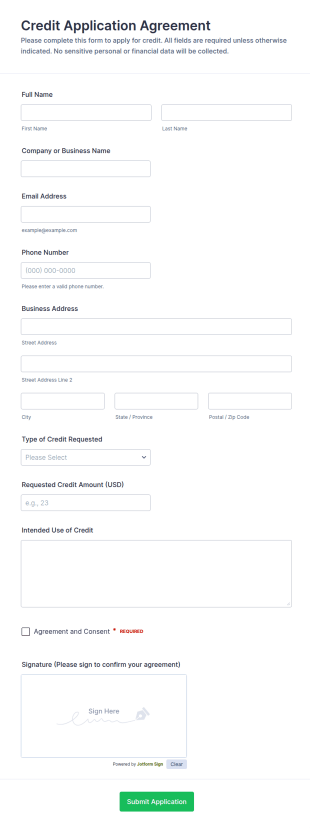Credit Application Agreement Form Template