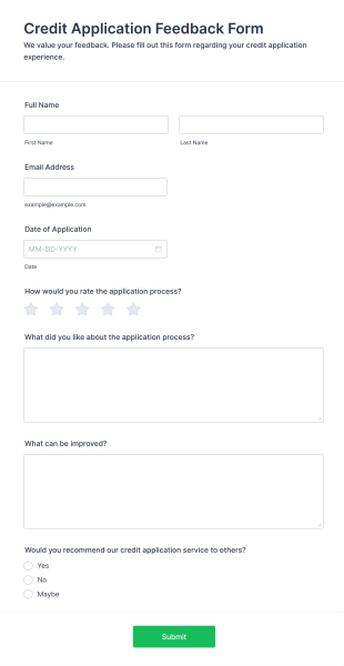 Credit Application Feedback Form Form Template