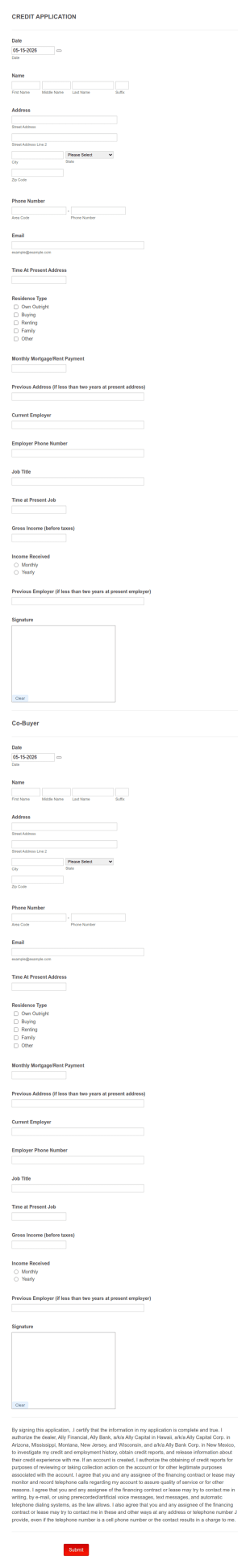 Credit Application Form Template